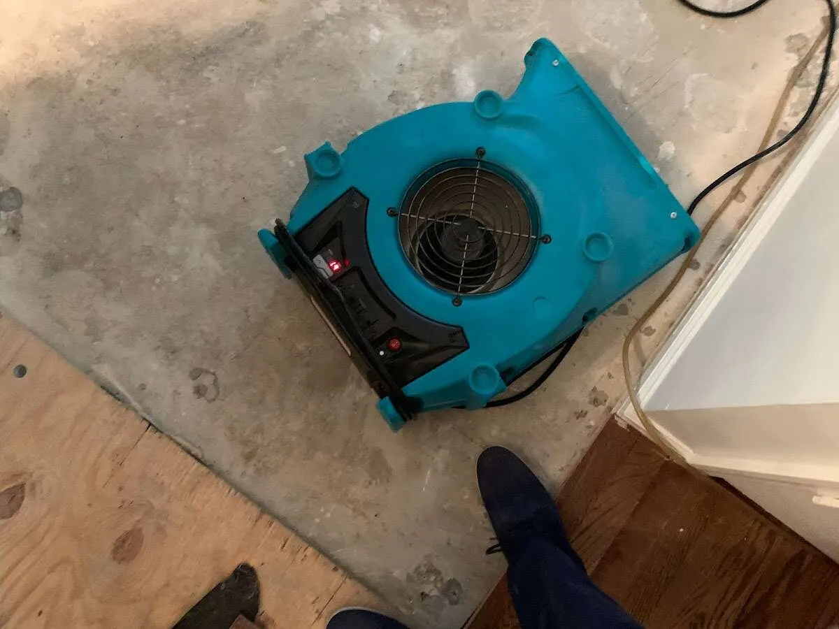 Air mover drying subfloor during Commercial Water Damage Restoration in Summit